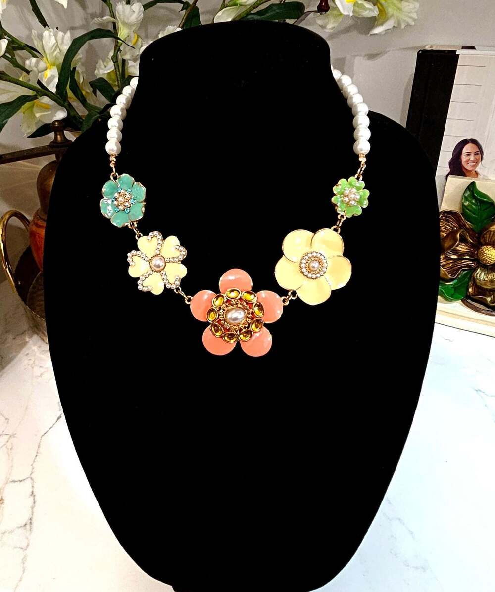 Betsey Johnson Multi-Color Enamel Floral‎ Statement Necklace with Faux Pearls